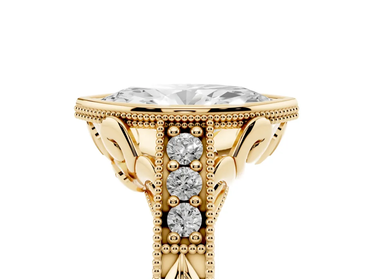 Bezel Set Marquise Cut Diamond Milgrain Pave Engagement Ring Yellow gold