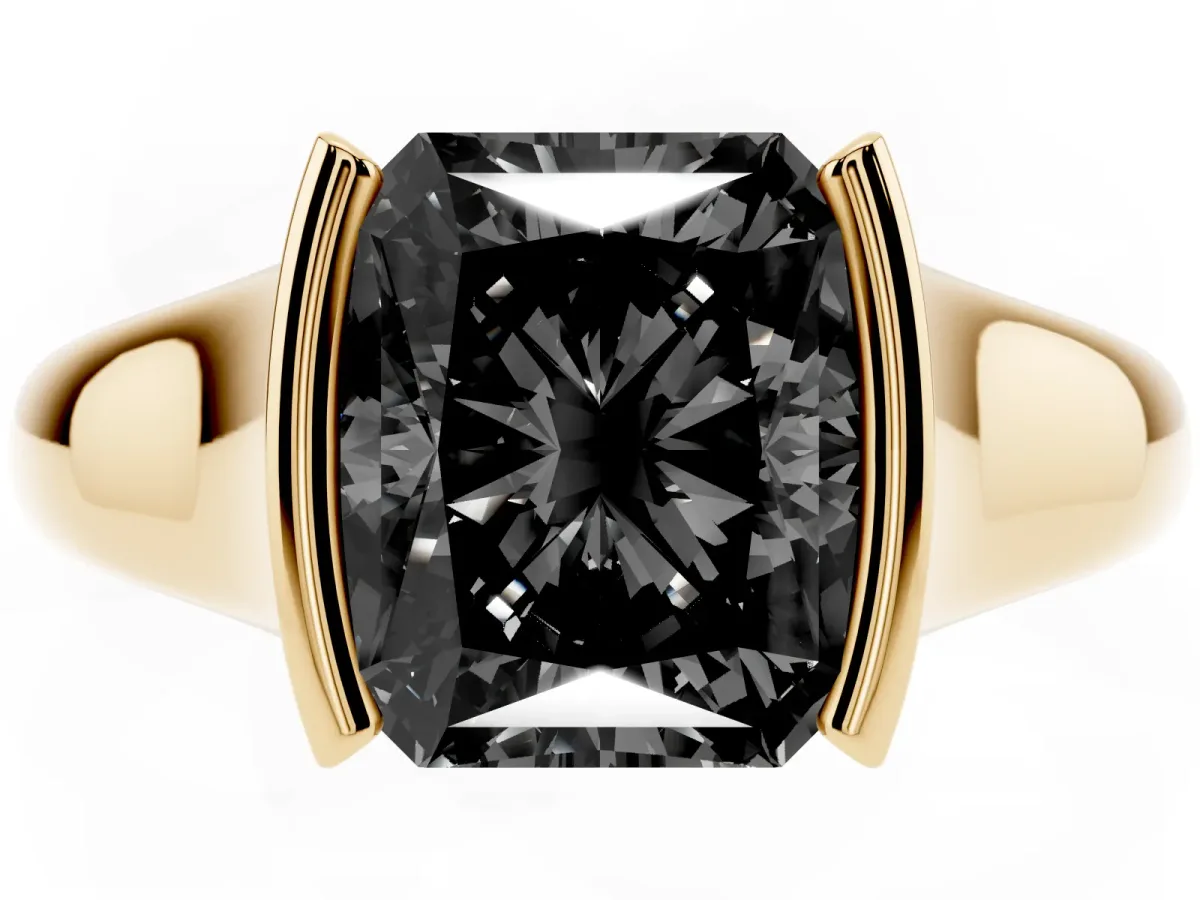 Fancy Black Radiant Cut Solitaire Tension Set Diamond Ring with Split Shank Band Yellow gold