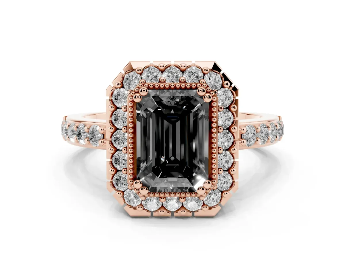 Fancy Black Emerald Cut Diamond Halo Ring with Pavé Band and Prong Setting Rose gold