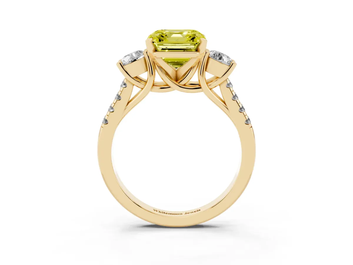 Fancy Yellow Three-Stone Asscher Cut Diamond Pavé Band with Four-Prong Setting Yellow gold