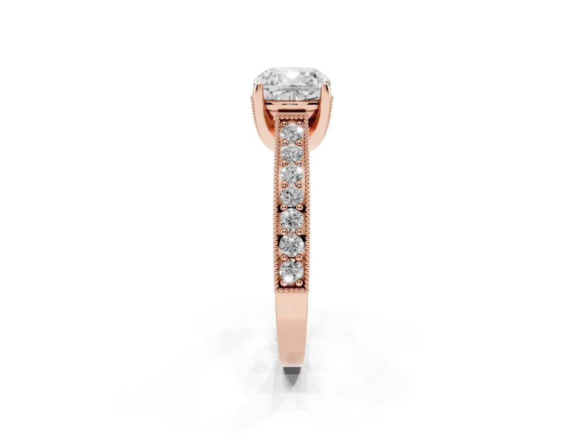 Cushion Cut Cut Diamond Solitaire Ring with Milgrain Pave Band and Four Prong Setting Rose gold