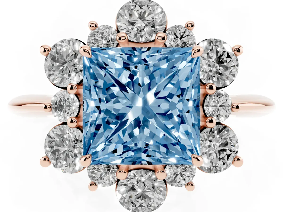 Fancy Blue Princess Cut Diamond Cluster Halo Ring with Solitaire Band and Four-Prong Setting Rose gold