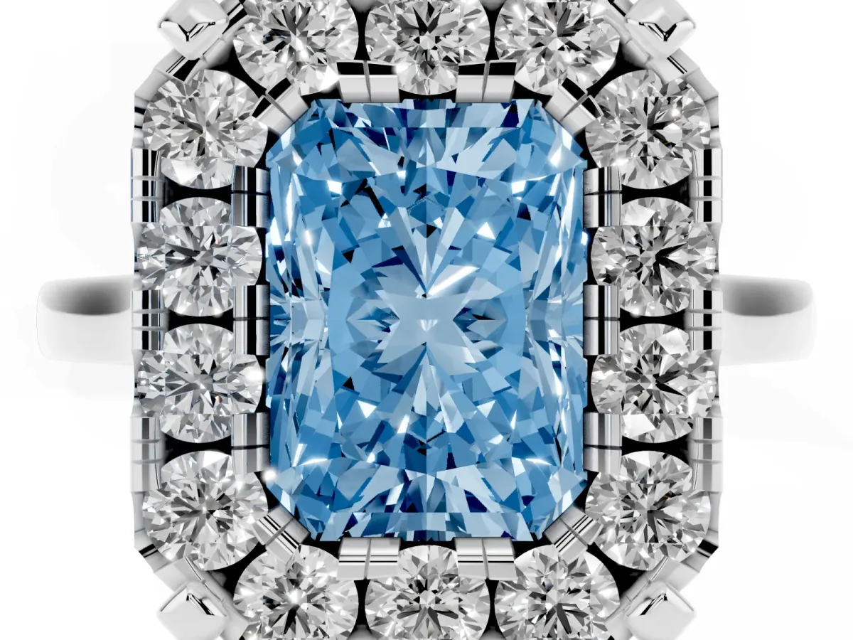 Fancy Blue Radiant Cut Diamond Cluster Halo Solitaire with Four-Prong Setting Platinum