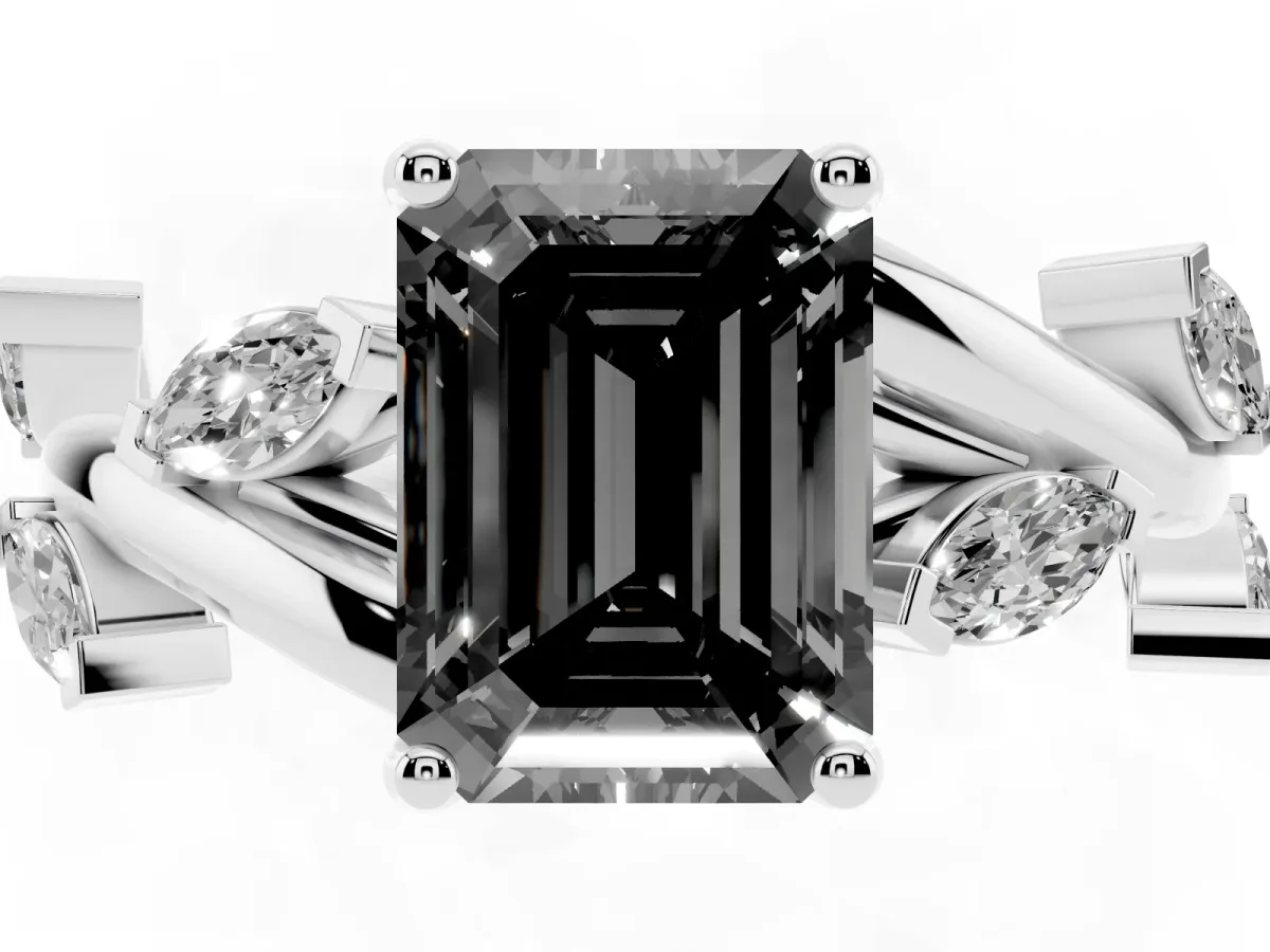 Fancy Black Emerald Cut Solitaire Twisted Band Marquise Accent Prong Setting Ring Platinum