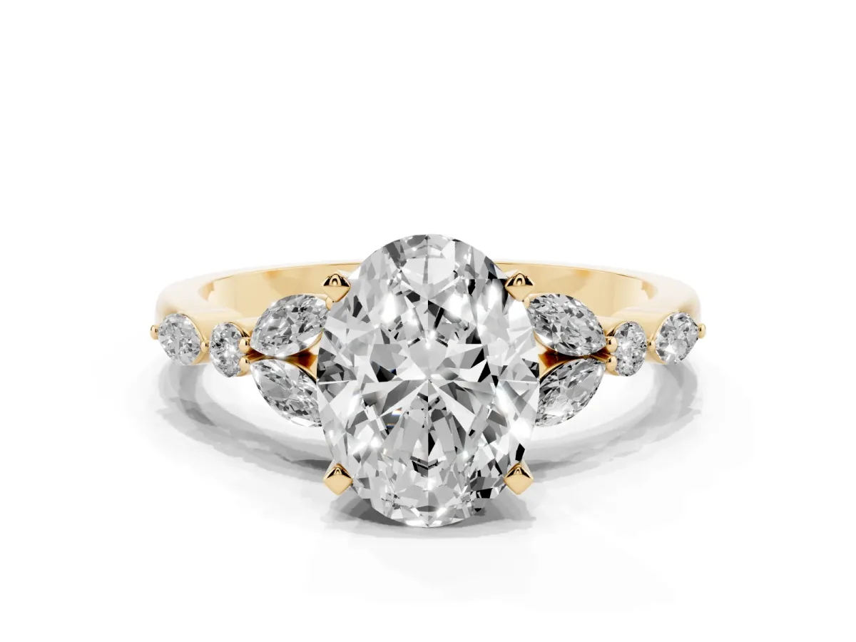 Oval Cut Diamond Solitaire Ring with Side Stones and Four-Prong Setting Yellow gold