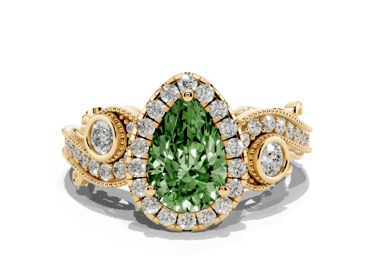 Fancy Green Pear Cut Halo Diamond Ring with Milgrain and Bezel Accents on a Split Shank Band Yellow gold