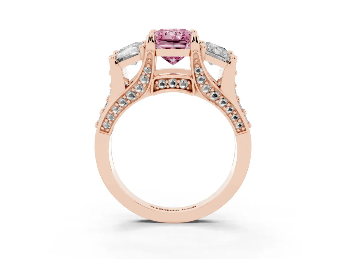 Fancy Pink Radiant Cut Diamond Three-Stone Ring with Channel Set Band and Four-Prong Setting Rose gold