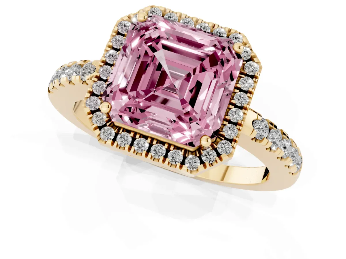 Fancy Pink Asscher Cut Halo Diamond Engagement Ring with Pavé Band and Four-Prong Setting Yellow gold