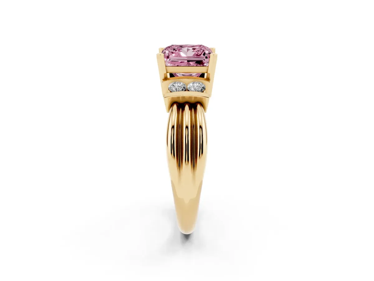 Fancy Pink Princess Cut Cut Three-Stone Channel Set Ring with Bar Prongs Yellow gold