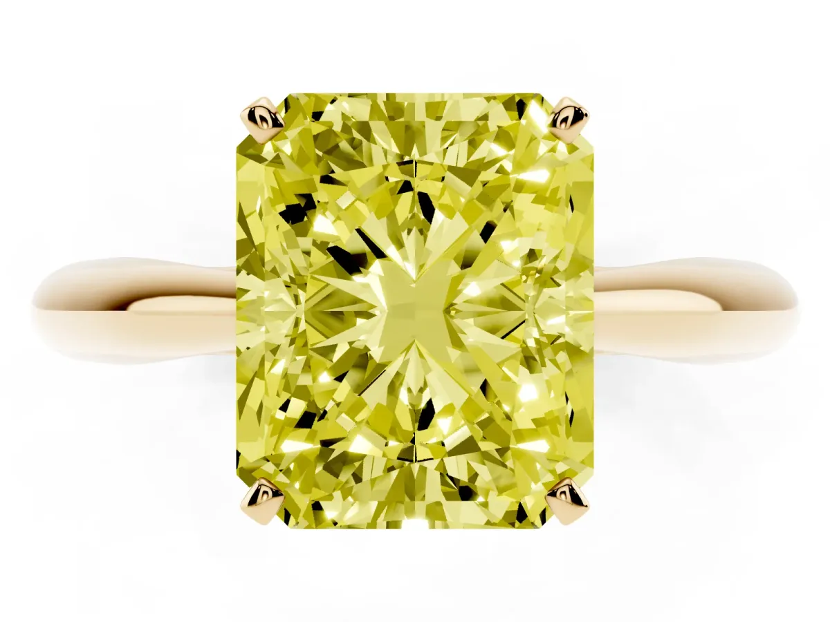 Fancy Yellow Radiant Cut Diamond Solitaire Engagement Ring with Cathedral Setting and Four-Prong Mount Yellow gold