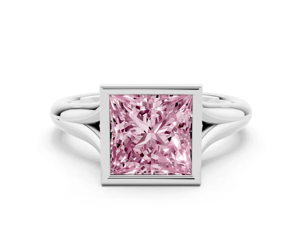 Fancy Pink Bezel Set Princess Cut Solitaire Diamond Ring with Smooth Band Platinum