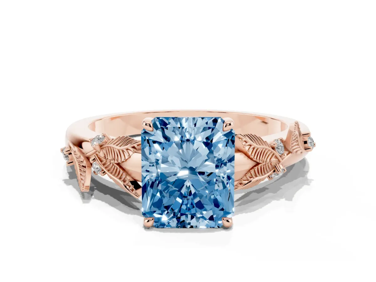 Fancy Blue Radiant Cut Diamond Solitaire Ring with Leaf Motif Band and Four-Prong Setting Rose gold