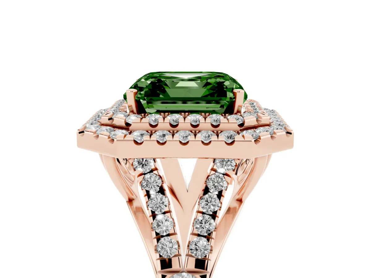 Fancy Green Asscher Cut Diamond Pavé Split Shank Double Halo Engagement Ring Rose gold