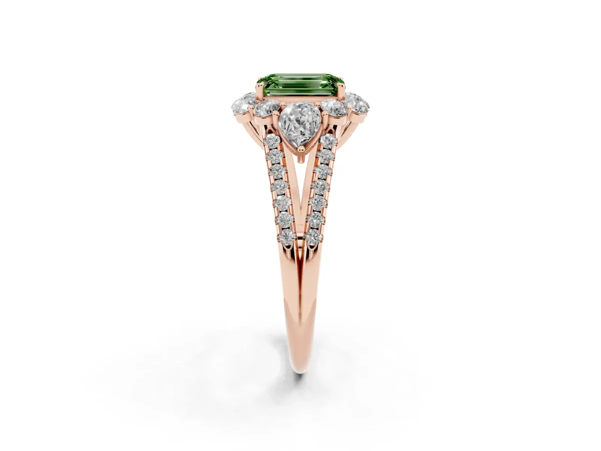 Fancy Green Emerald Cut Halo Split Shank Diamond Engagement Ring with Prong Setting Rose gold