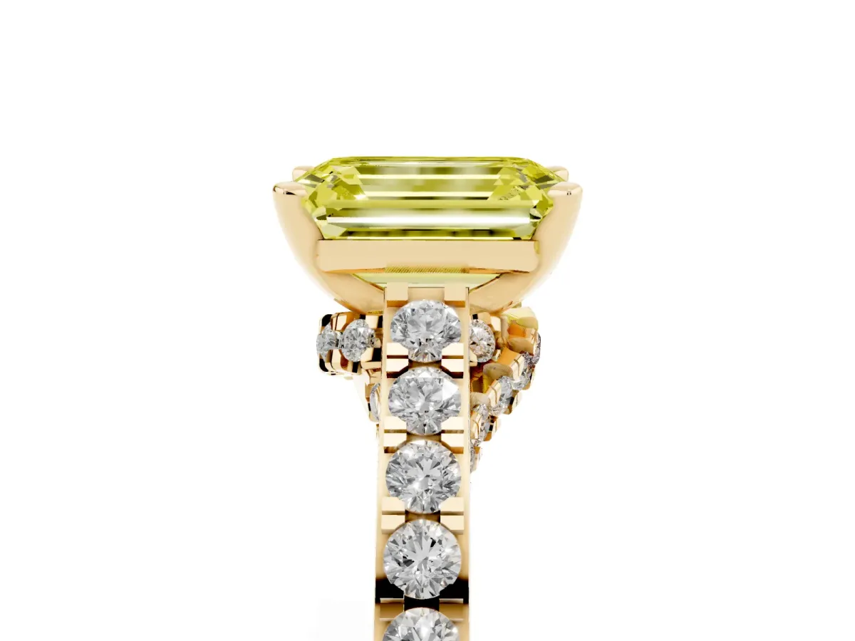 Fancy Yellow Emerald Cut Diamond Solitaire Ring with Crossover Gallery and Round Pavé Band Yellow gold