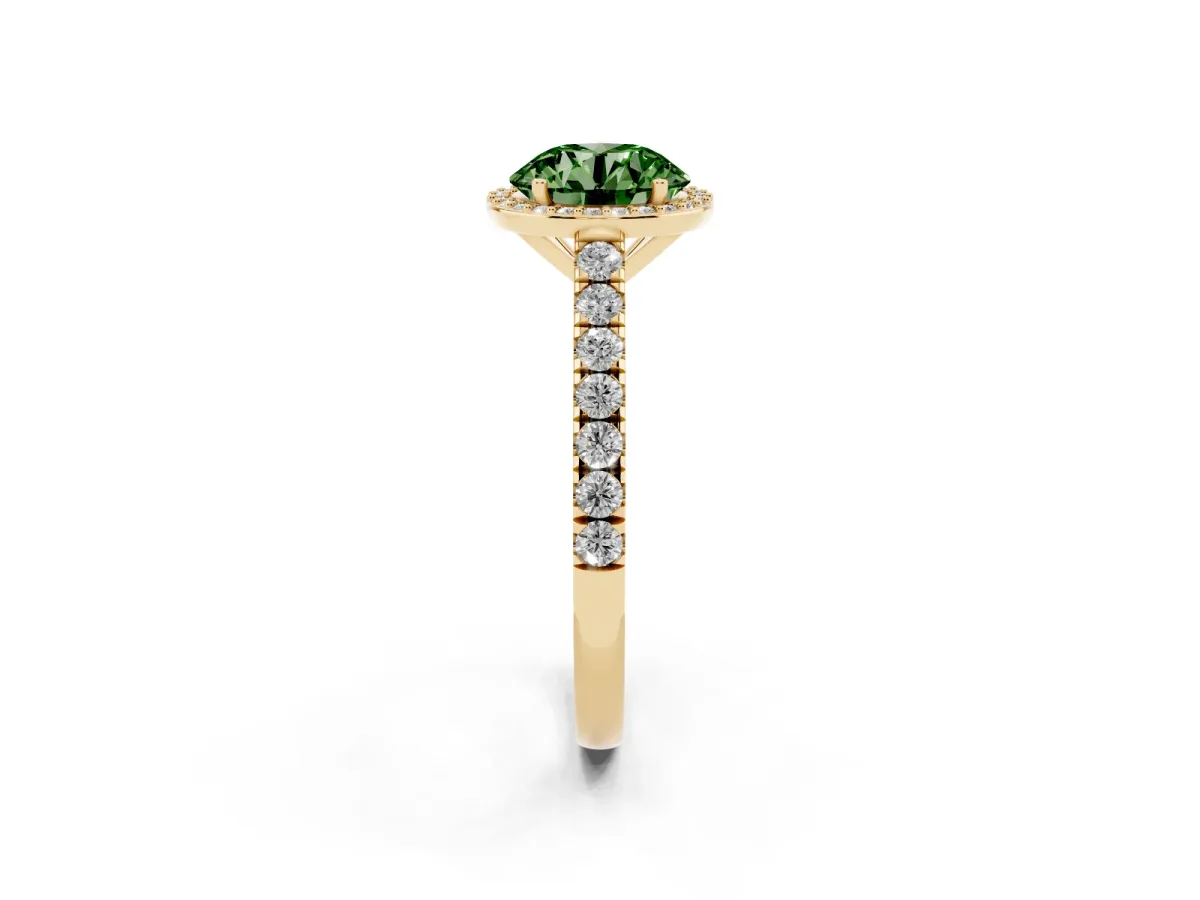 Fancy Green Round Cut Cut Halo Diamond Engagement Ring with Pave Band and Four-Prong Setting Yellow gold