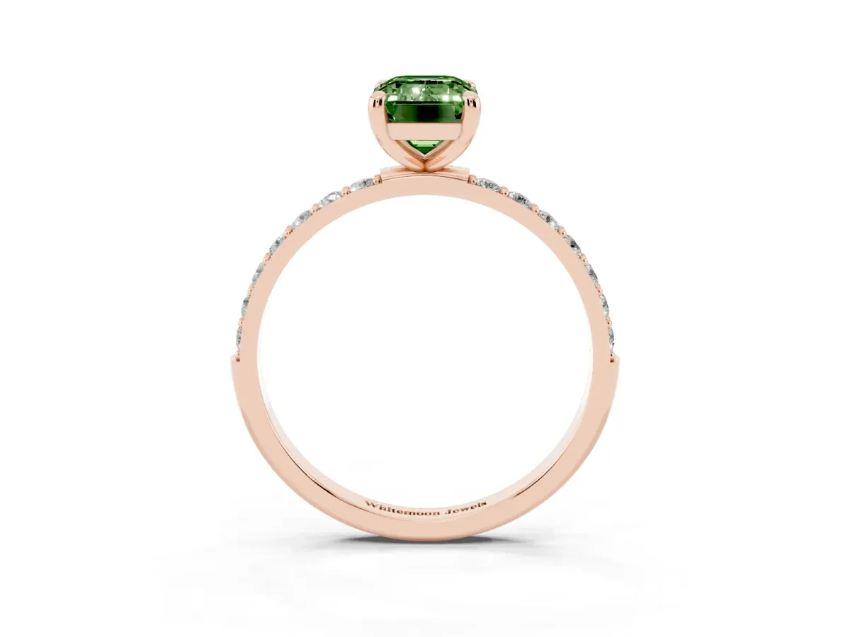 Fancy Green Emerald Cut Diamond Solitaire Ring with Round Pavé Band and Prong Setting Rose gold