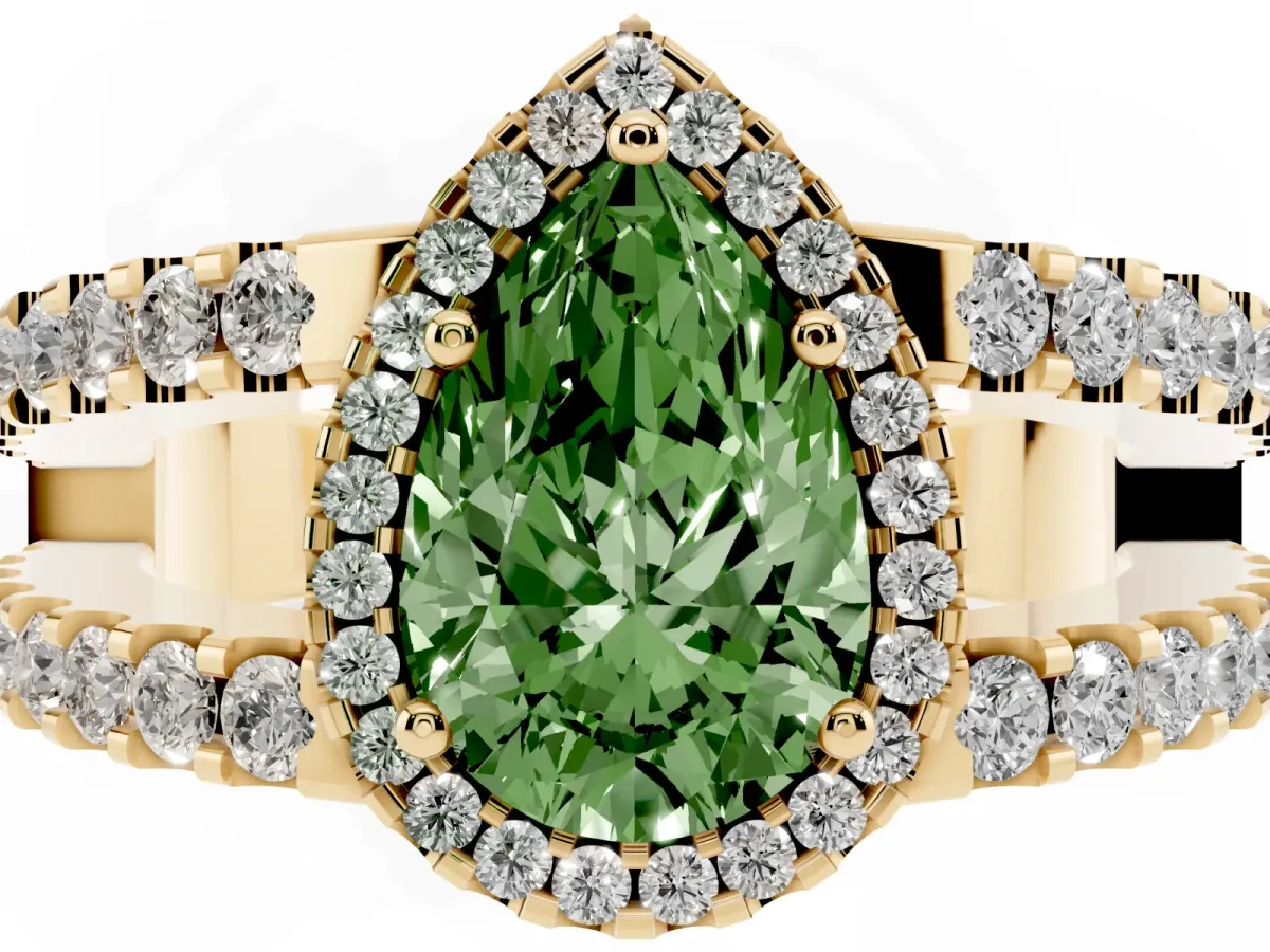 Fancy Green Pear Cut Cut Halo Split Shank Diamond Ring with Four-Prong Setting Yellow gold