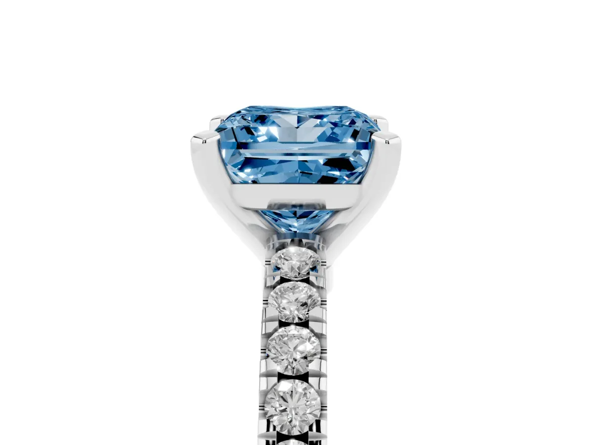 Fancy Blue Princess Cut Solitaire Diamond with Pavé Band and Four-Prong Setting Silver