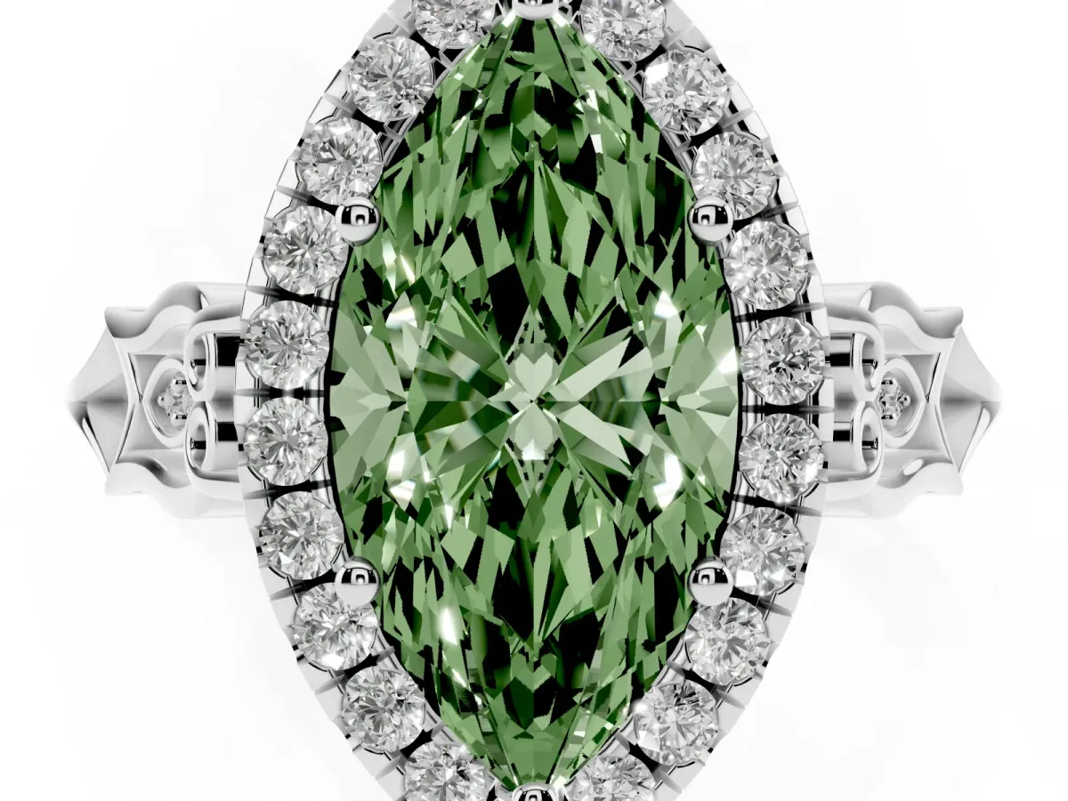 Fancy Green Marquise Cut Halo Diamond Engagement Ring with Filigree Band and Four-Prong Setting Silver