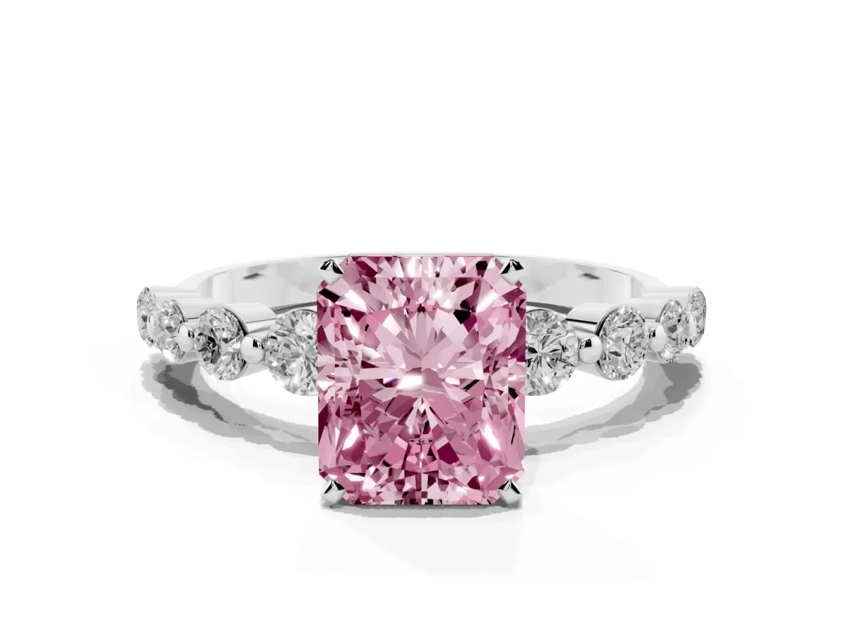 Fancy Pink Radiant Cut Solitaire Diamond Ring with Pave Band and Four-Prong Setting Silver