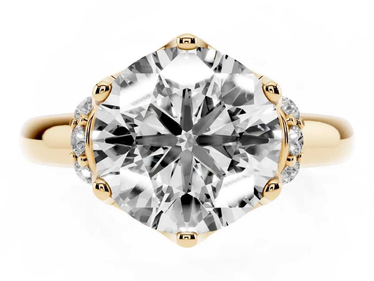 Round Cut Brilliant Solitaire Cathedral Engagement Ring with Pave Accents Yellow gold