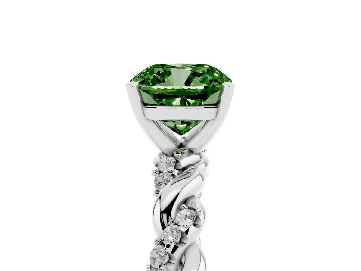 Fancy Green Cushion Cut Diamond Solitaire Ring with Twisted Band and Pavé Accents Silver