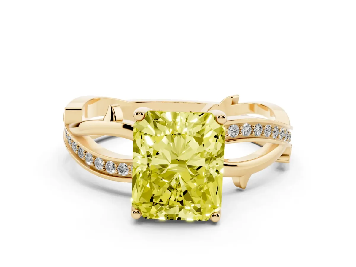Fancy Yellow Radiant Cut Solitaire Twist Band with Pavé Accents and Four-Prong Setting Yellow gold