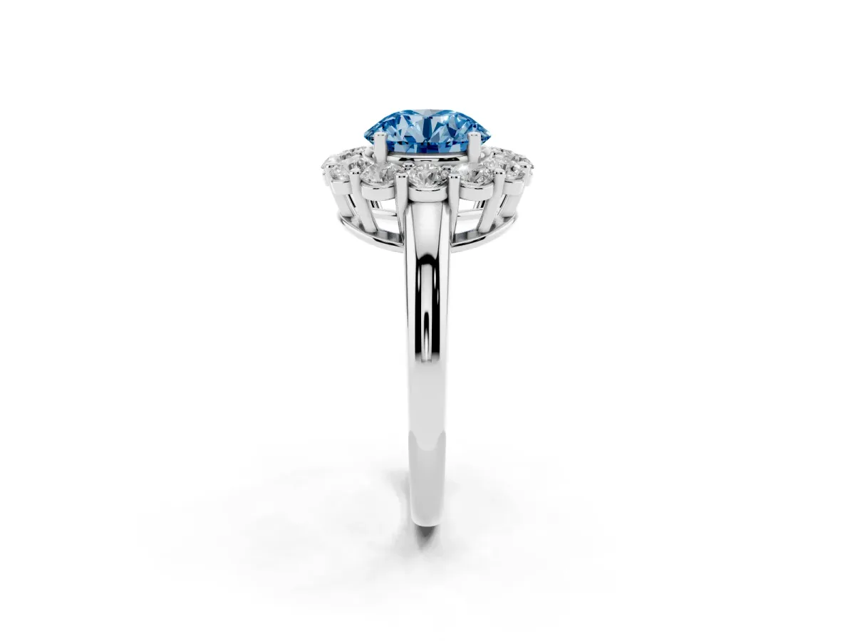 Fancy Blue Round Cut Halo Cluster Diamond Engagement Ring with Prong Setting and Polished Band Platinum