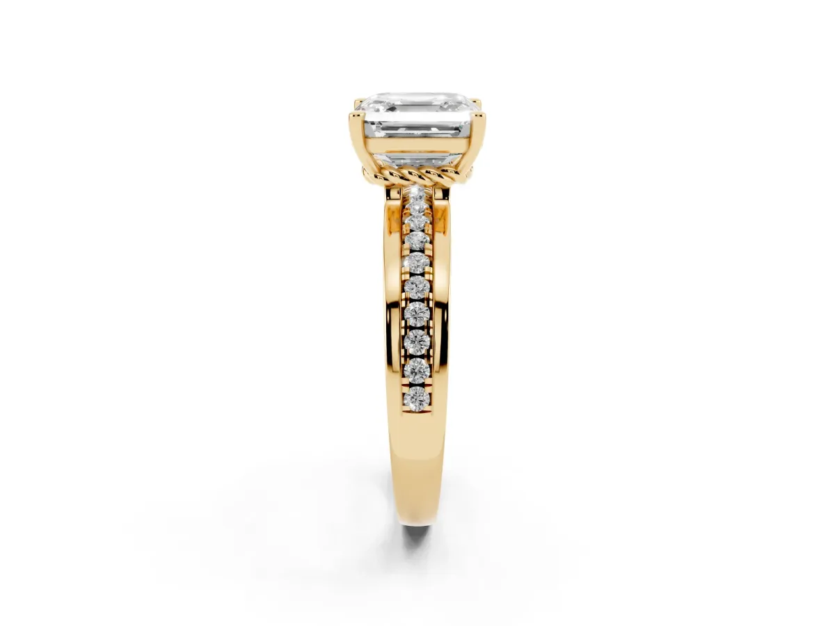 Asscher Cut Solitaire Diamond Ring with Channel Set Band and Six-Prong Setting Yellow gold