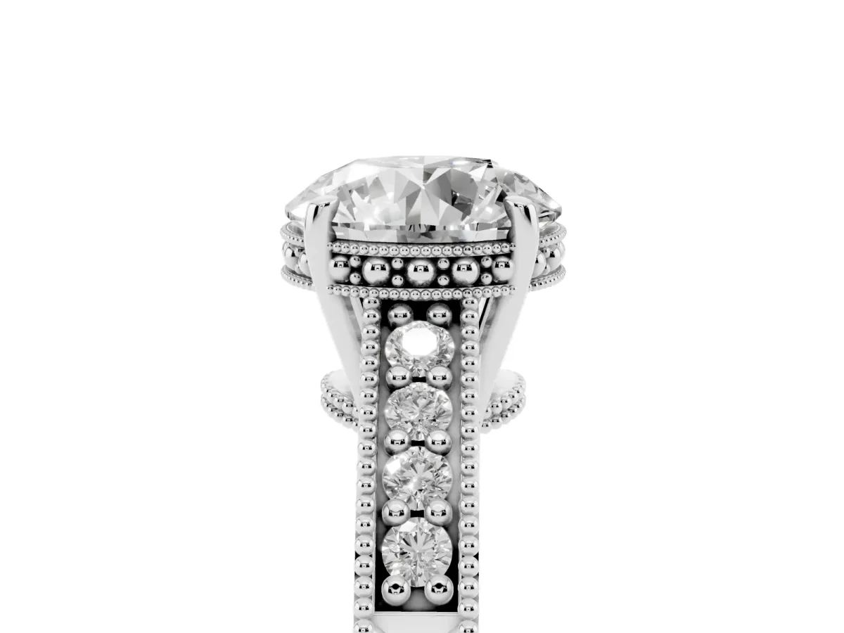 Round Cut Solitaire Pavé Diamond Milgrain Engagement Ring with Four-Prong Setting Silver