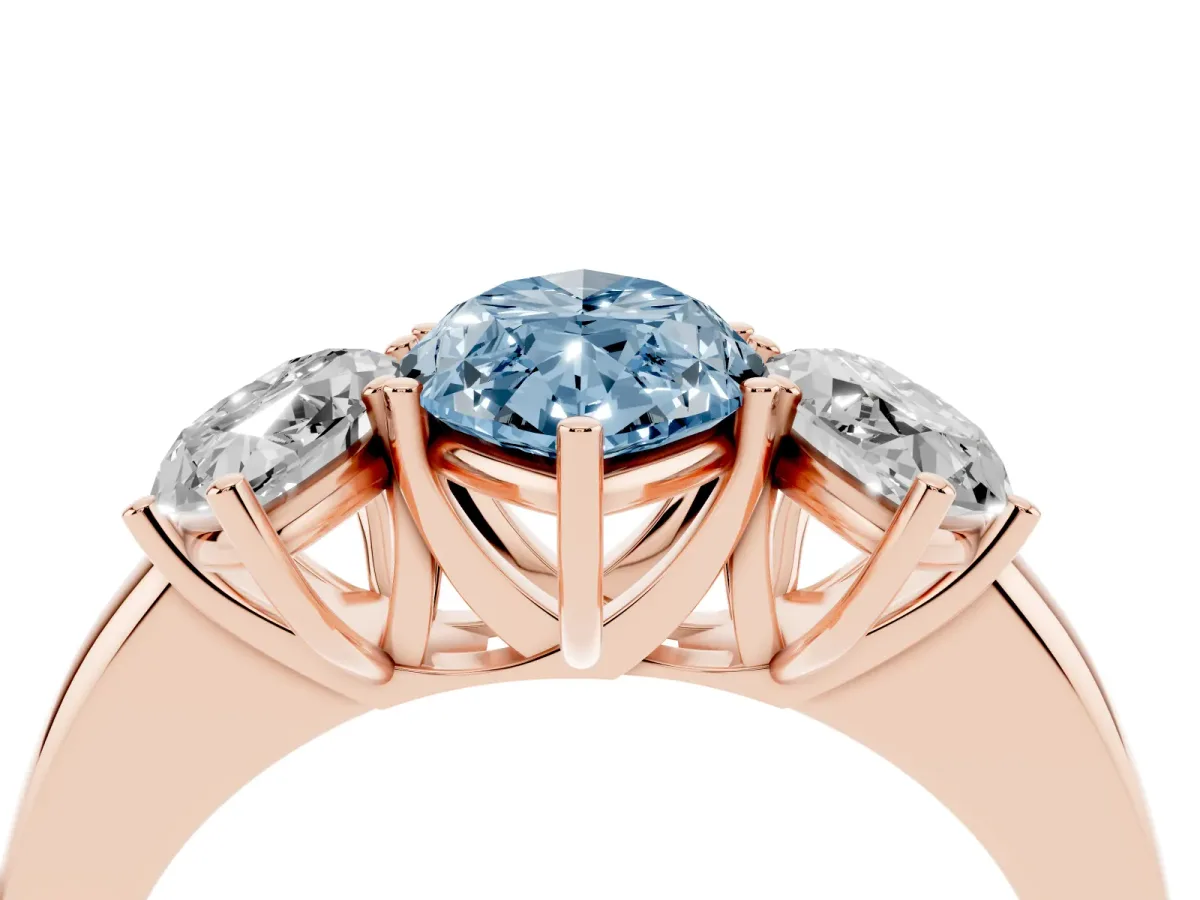 Fancy Blue Marquise Cut Diamond Three-Stone Ring with Four-Prong Setting and Classic Band Rose gold