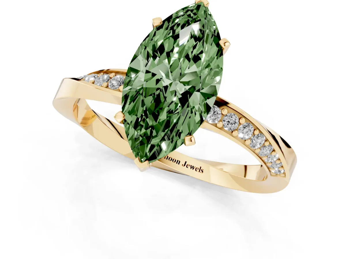 Fancy Green Marquise Cut Diamond Engagement Ring with Side Stone Accents and Four-Prong Setting Yellow gold