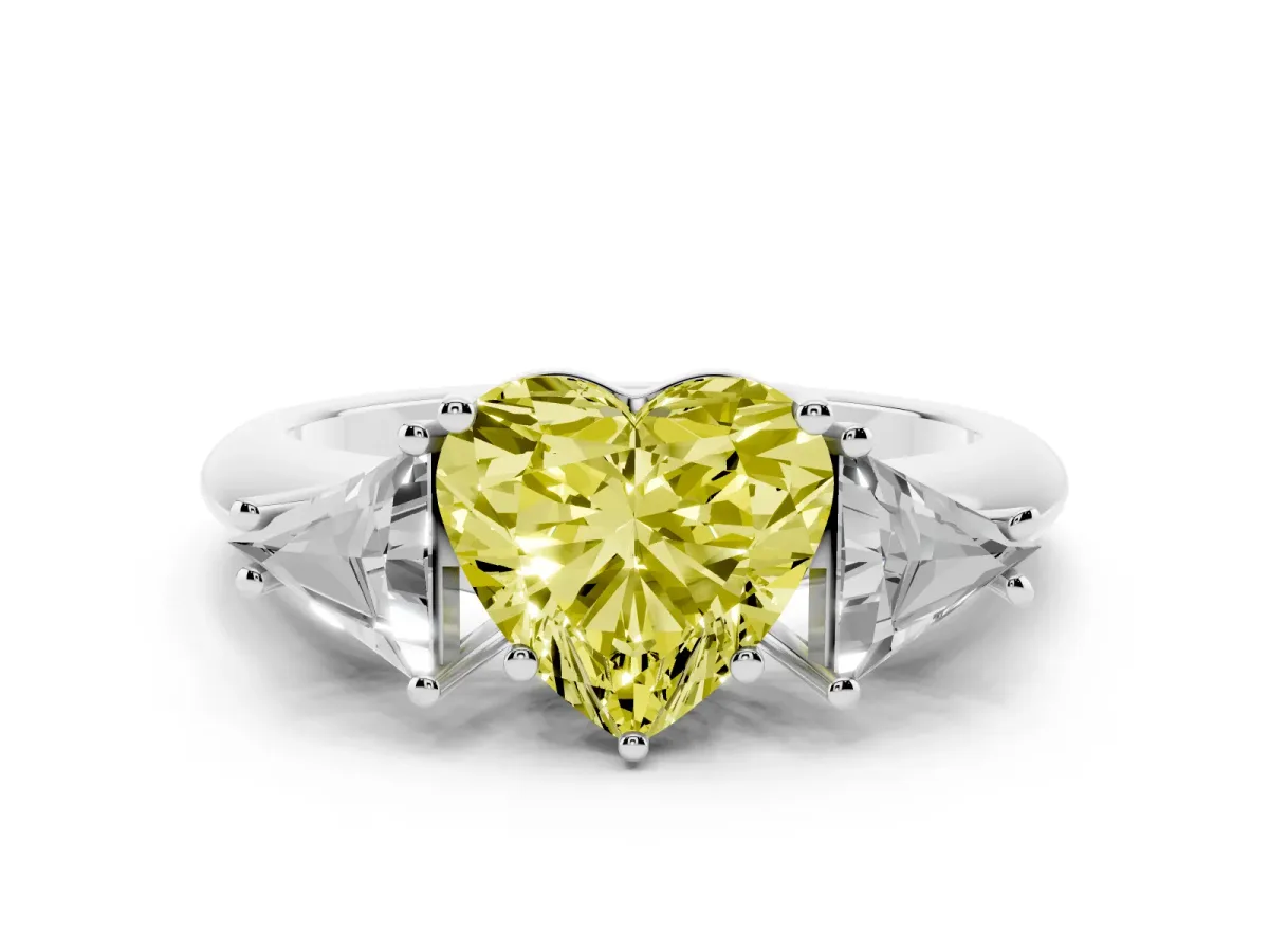 Fancy Yellow Three-Stone Heart Cut Diamond Engagement Ring with Trillion Side Stones and Prong Setting Silver