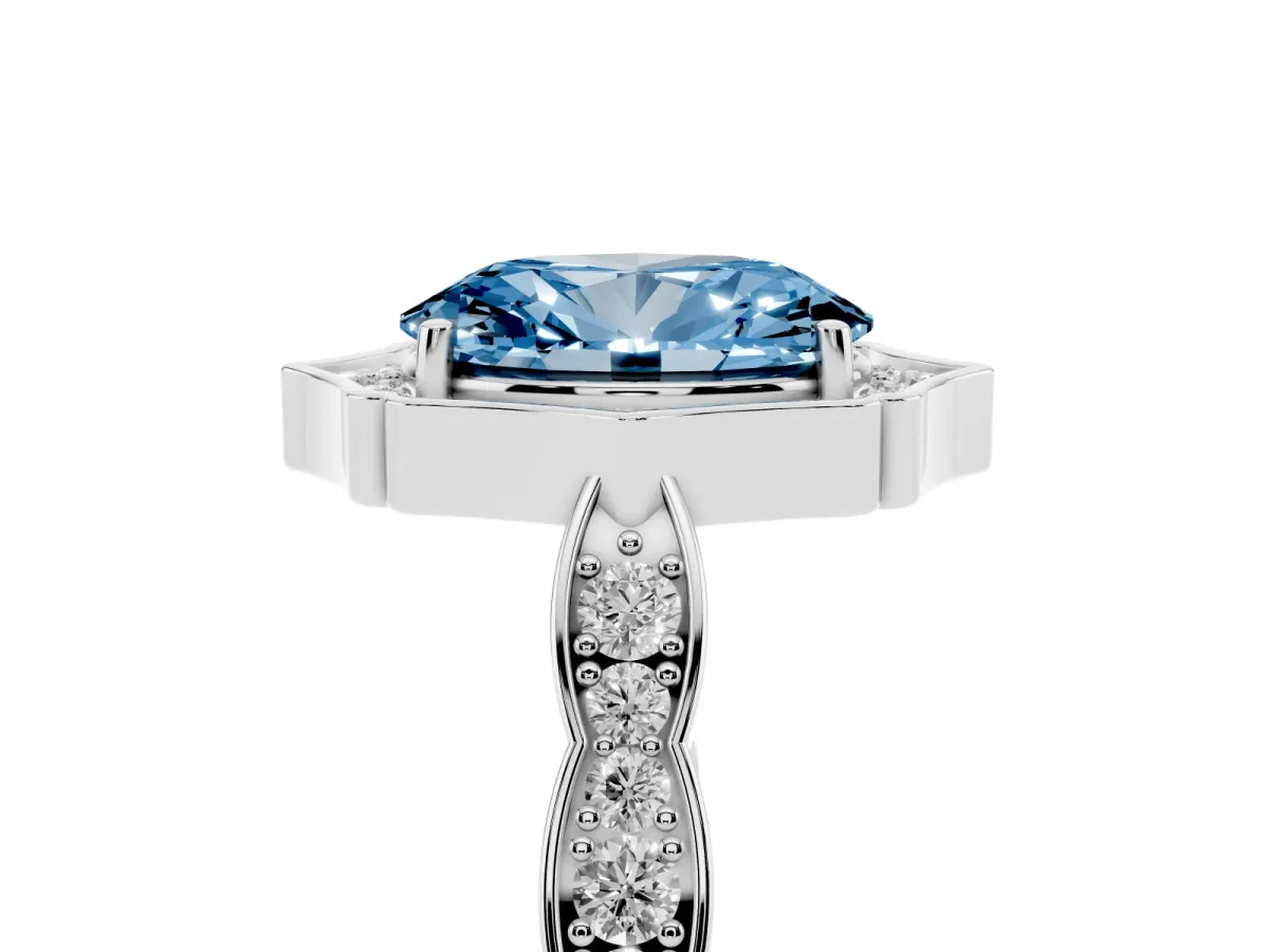 Fancy Blue Oval Cut Halo Diamond Engagement Ring with Milgrain Band and Four-Prong Setting White gold