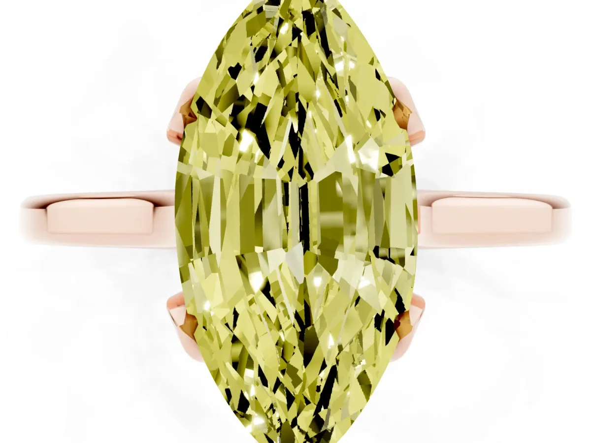 Fancy Yellow Marquise Cut Diamond Solitaire Ring with Flower Prong Setting and Classic Band Rose gold