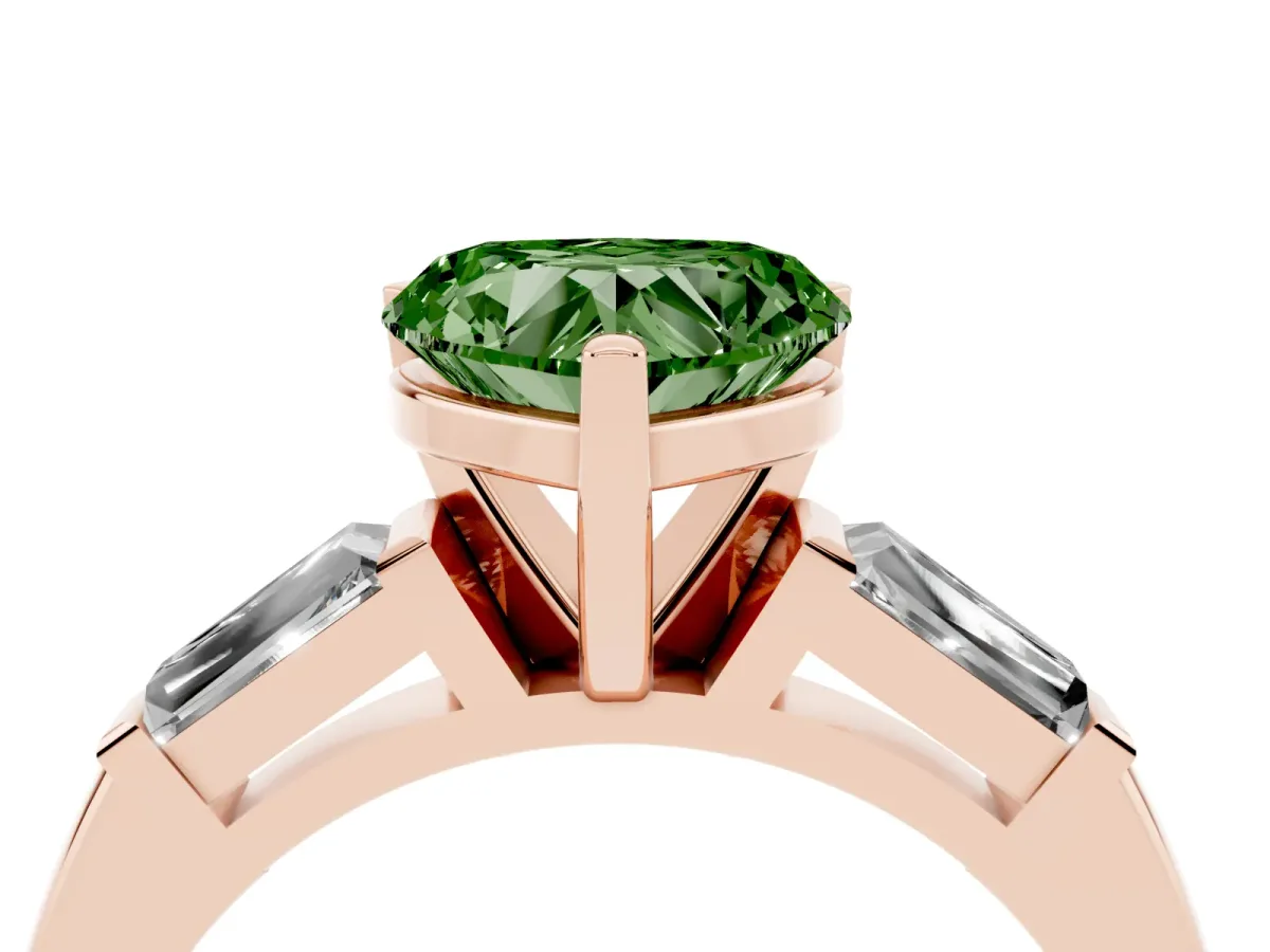 Fancy Green Heart Cut Solitaire with Tapered Baguette Side Stones on a Classic Band with Four-Prong Setting Rose gold