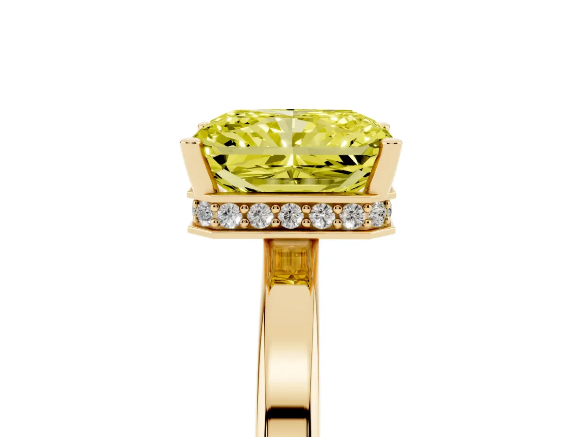 Fancy Yellow Radiant Cut Cut Solitaire Engagement Ring with Four-Prong Setting on a Classic Band Yellow gold
