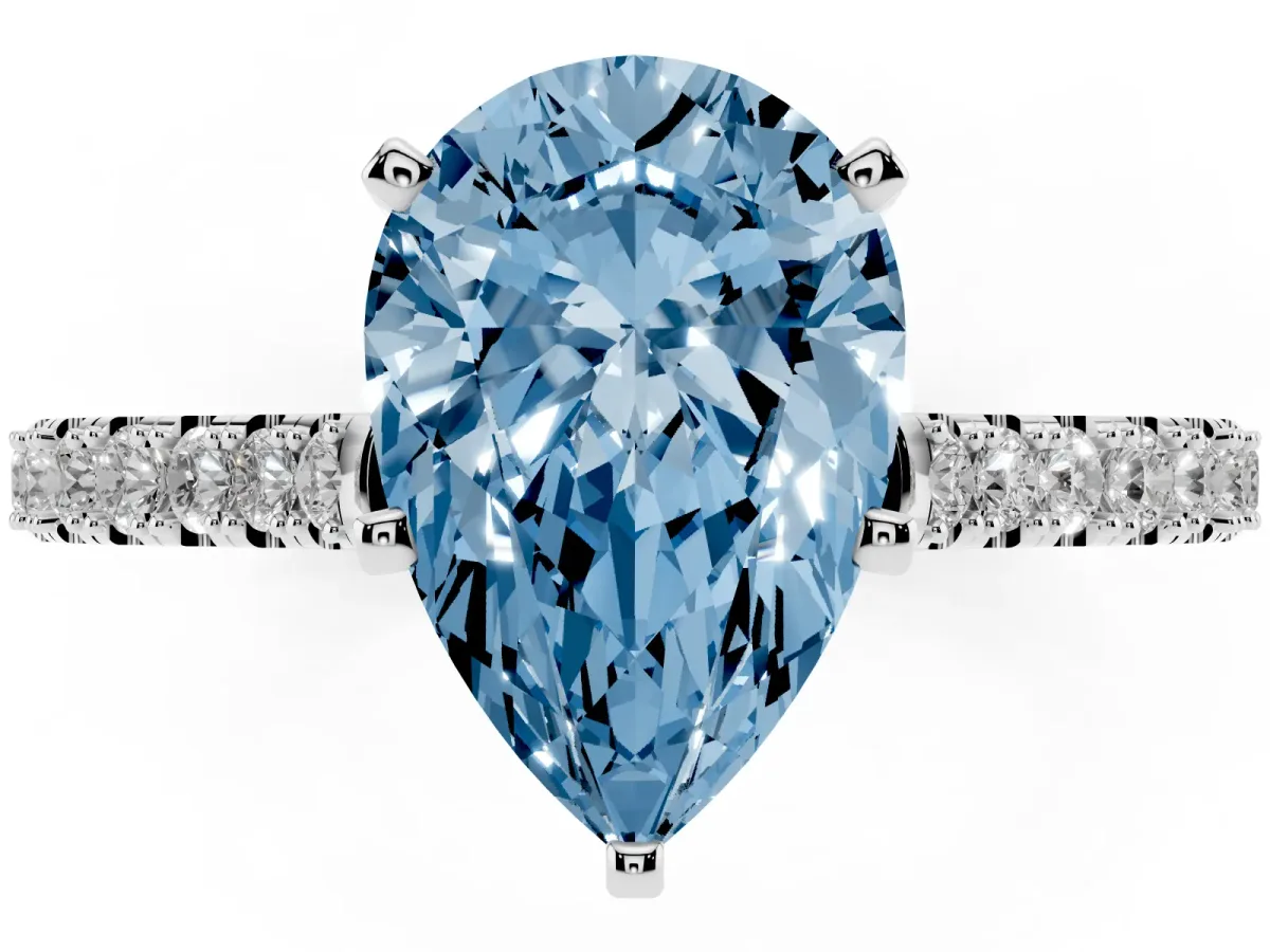 Fancy Blue Pear Cut Cut Solitaire Diamond Engagement Ring with Pave Band and Four-Prong Setting Silver