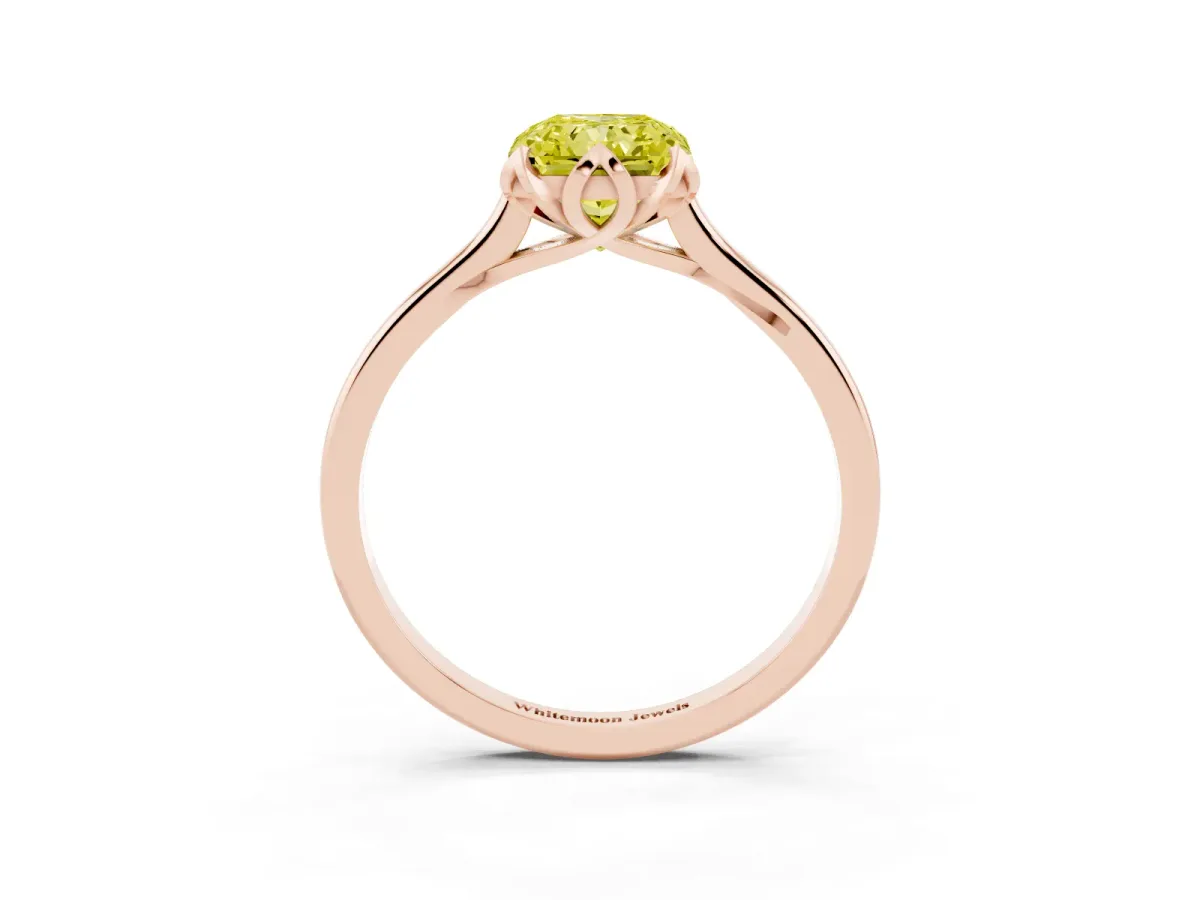 Fancy Yellow Radiant Cut Diamond Solitaire Ring with Flower Prong Setting and Classic Band Rose gold