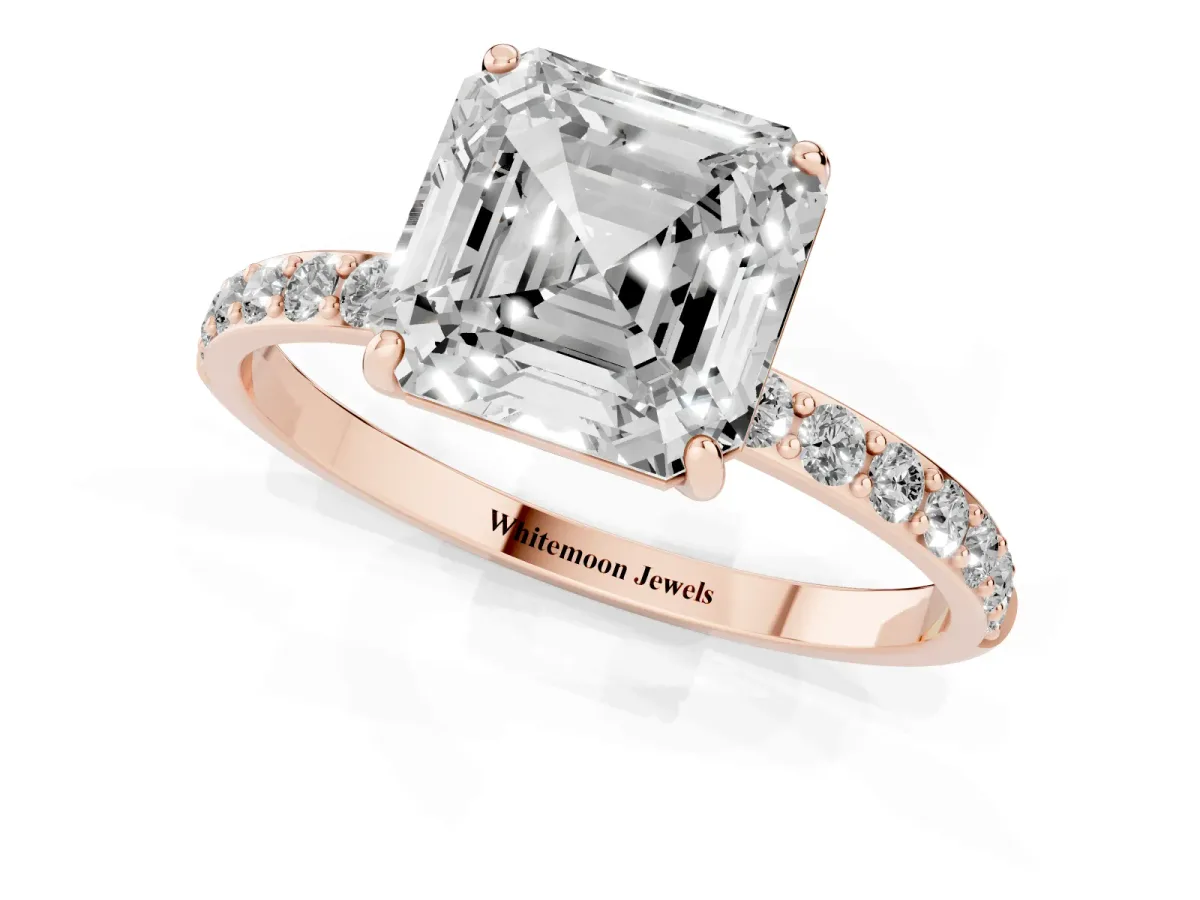 Asscher Cut Diamond Solitaire Ring with Round Pavé Shoulders and Prong Setting Rose gold