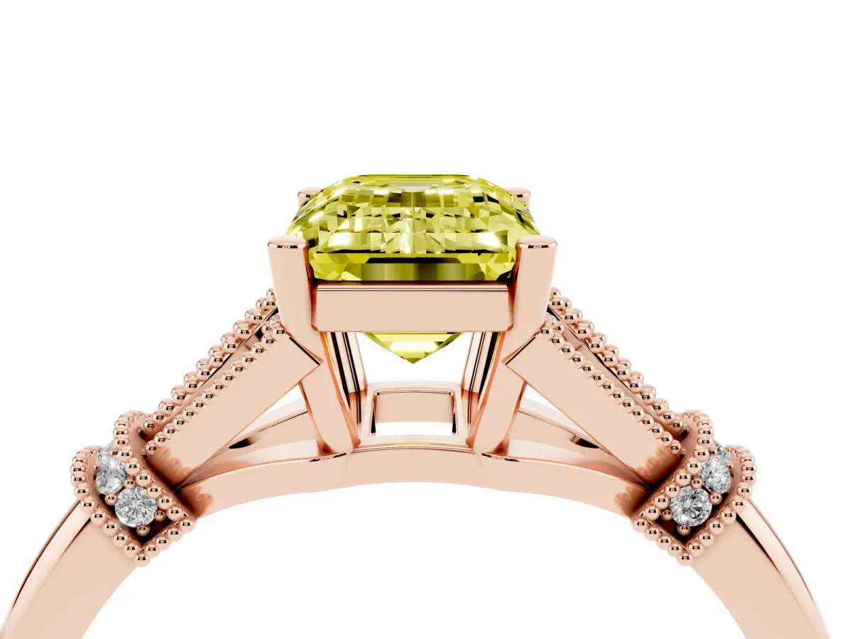 Fancy Yellow Emerald Cut Diamond Solitaire Ring with Floral Filigree and Pave Accents Rose gold