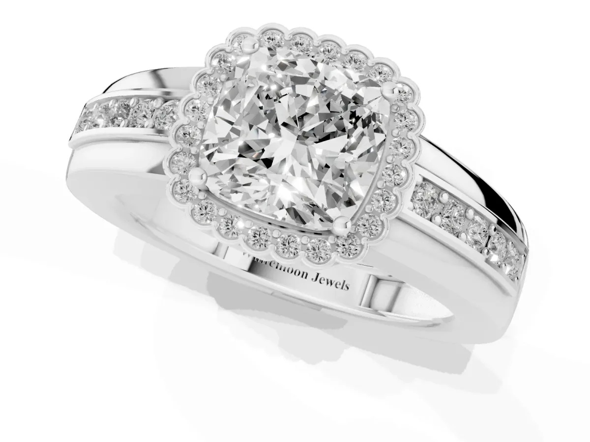 Cushion Cut Cut Halo Pave Band Four-Prong Ring Silver