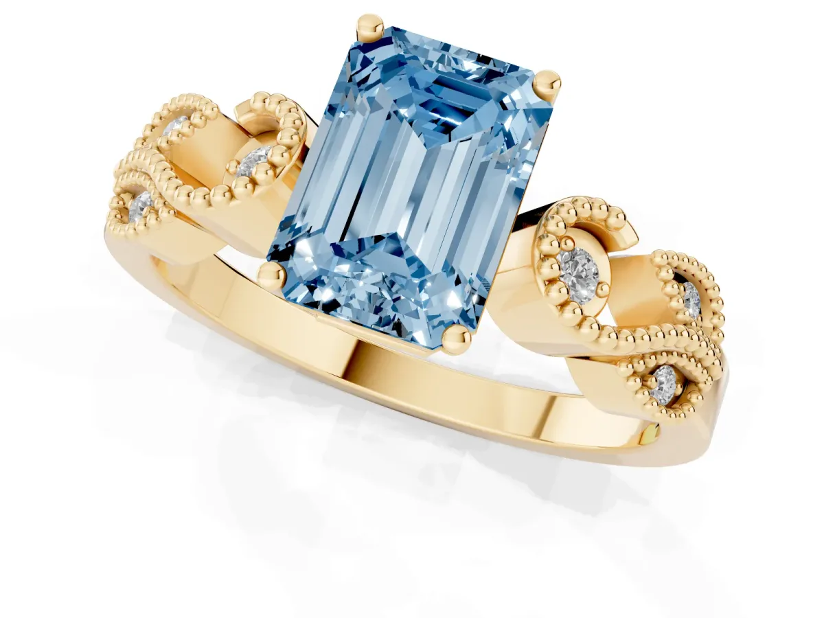 Fancy Blue Emerald Cut Solitaire Milgrain Leaf Band with Prong Setting Yellow gold