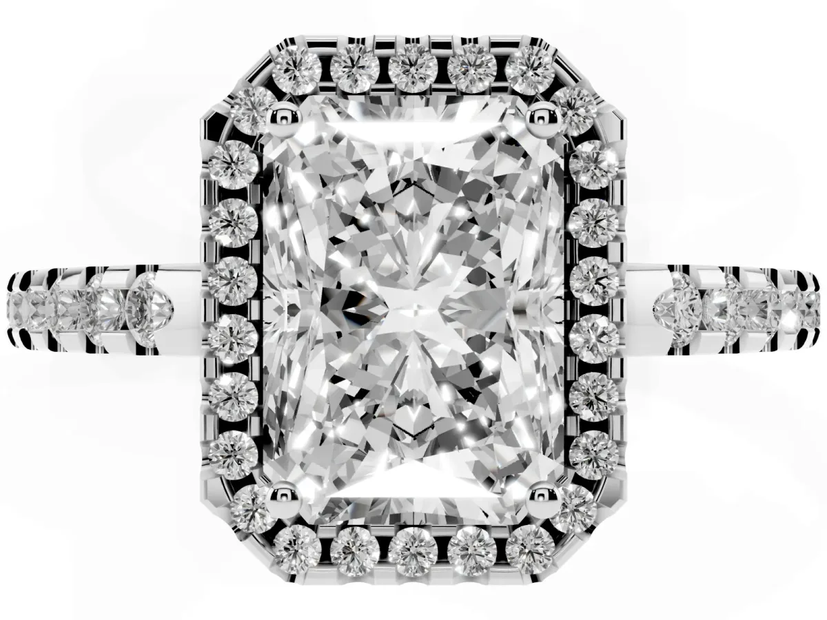 Radiant Cut Diamond Halo Engagement Ring with Pavé Band and Prong Setting Silver