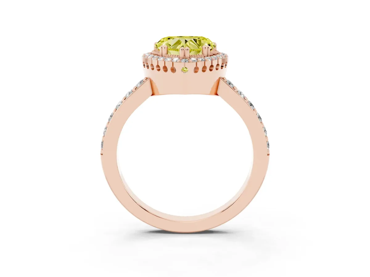 Fancy Yellow Heart Cut Cut Diamond Halo Engagement Ring with Milgrain Detail and Pavé Band Rose gold