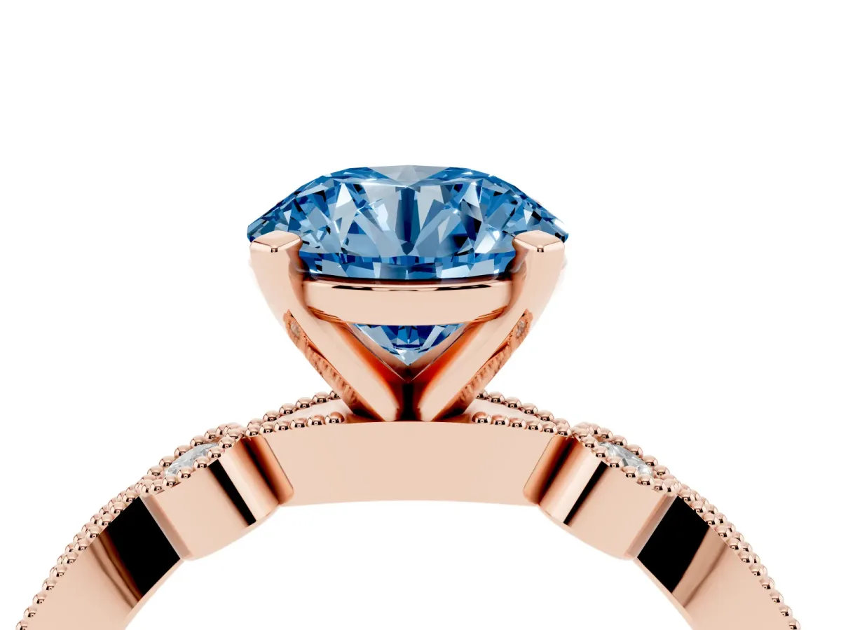 Fancy Blue Round Cut Milgrain Bezel Diamond Engagement Ring with Solitaire Prong Setting Rose gold