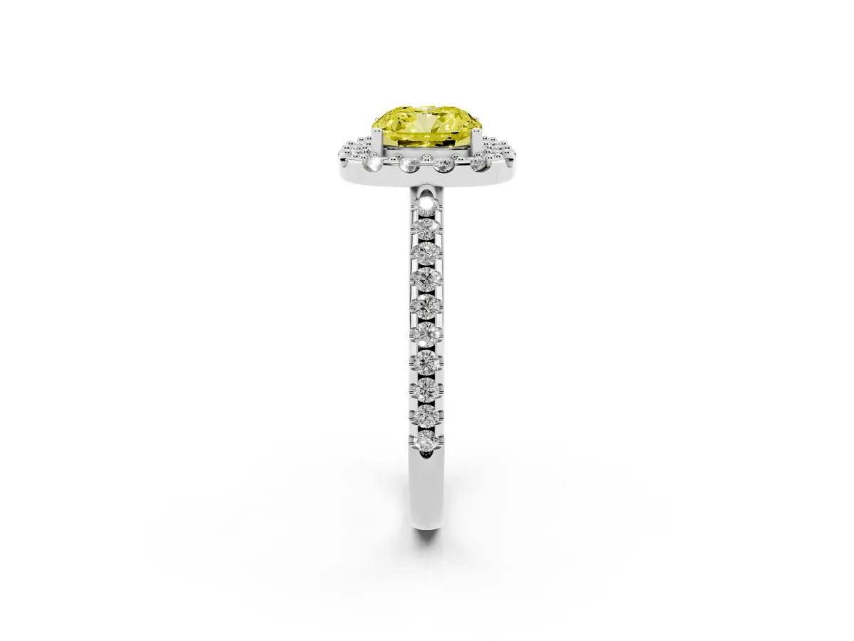 Fancy Yellow Cushion Cut Diamond Pavé Halo Ring with Four-Prong Setting Silver
