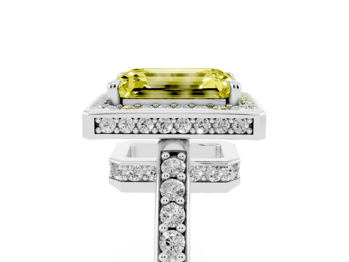 Fancy Yellow Emerald Cut Halo Pave Band Solitaire Ring with Prong Setting Silver