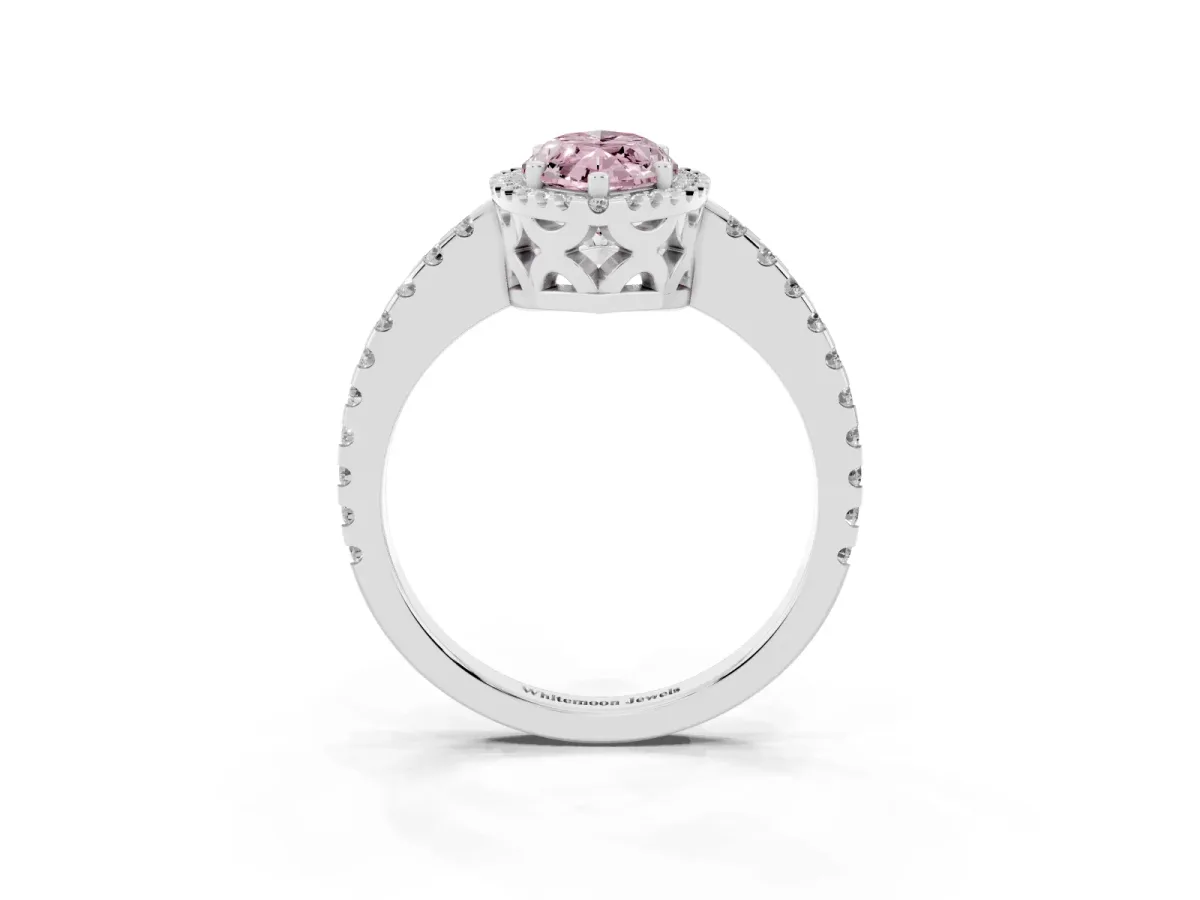 Fancy Pink Marquise Cut Diamond Halo Engagement Ring with Pavé Band and Prong Setting Platinum